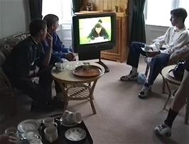 Relaxing with drinks in the TV lounge at the Tower Guest House, Stornoway